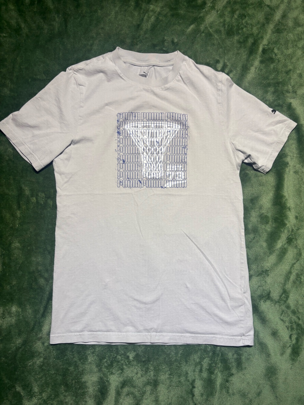 Puma Light Gray Short Sleeve Tee with Blue Grid Graphic